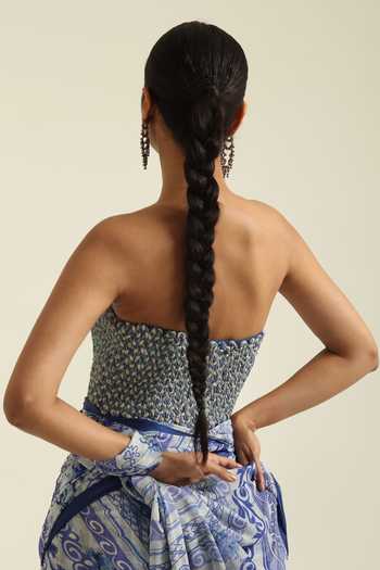 Buy_Poonam Dubey_Blue Georgette Sweetheart Neck Ziana Printed Pre-draped Saree With Corset Blouse _Online_at_Aza_Fashions