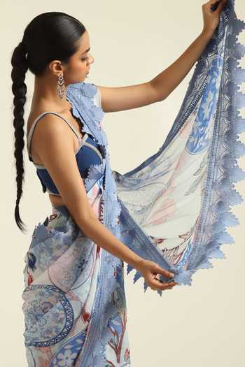 Buy_Poonam Dubey_Blue Georgette Square Neck Irha Printed Pre-draped Saree With Blouse _Online_at_Aza_Fashions