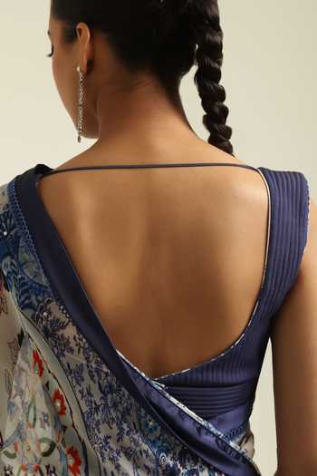 Poonam Dubey_Blue Georgette Square Neck Zyra Printed Pre-draped Saree With Blouse _Online_at_Aza_Fashions