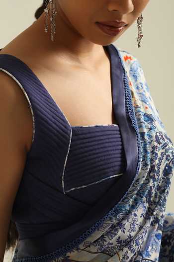 Buy_Poonam Dubey_Blue Georgette Square Neck Zyra Printed Pre-draped Saree With Blouse _Online_at_Aza_Fashions
