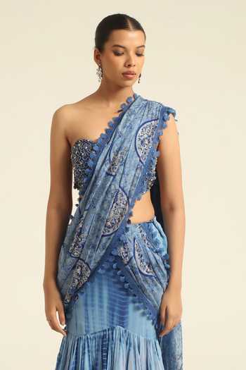 Poonam Dubey_Blue Georgette Halter Neck Anaiza Tiered Ruffle Saree Set _Online_at_Aza_Fashions