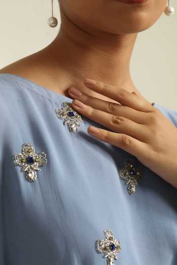 Poonam Dubey_Blue Georgette Boat Neck Noor Embroidered Top And Skirt Co-ord Set _Online_at_Aza_Fashions