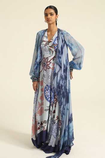 Buy_Poonam Dubey_Blue Georgette Open Neck, Sameera Floral Print Dress With Jacket _Online_at_Aza_Fashions