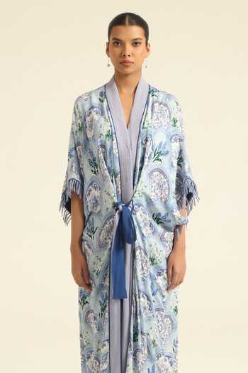 Poonam Dubey_Blue Georgette Shawl Neck Zira Printed Kaftan _Online_at_Aza_Fashions