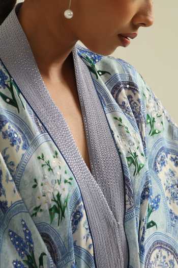 Buy_Poonam Dubey_Blue Georgette Shawl Neck Zira Printed Kaftan _Online_at_Aza_Fashions