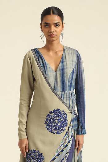 Poonam Dubey_Blue Georgette V-, Asymmetric Selma Tie Dye Pattern Dress With Jacket _Online_at_Aza_Fashions