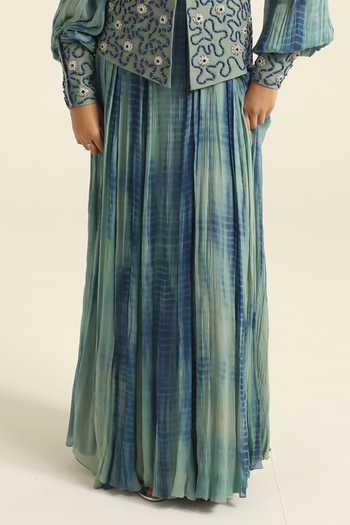Poonam Dubey_Blue Georgette V-neck Dilara Embroidered Jacket And Dress Set _Online_at_Aza_Fashions