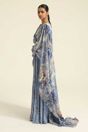 Poonam Dubey Blue Georgette V-neck Anura Printed Draped Dress With Belt Online at Aza Fashions Poonam Dubey_Blue Georgette V-neck Anura Printed Draped Dress With Belt _Online_at_Aza_Fashions