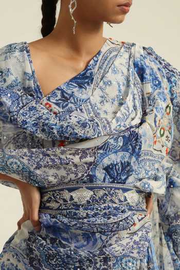 Buy Poonam Dubey Blue Georgette V-neck Anura Printed Draped Dress With Belt Online at Aza Fashions Buy_Poonam Dubey_Blue Georgette V-neck Anura Printed Draped Dress With Belt _Online_at_Aza_Fashions