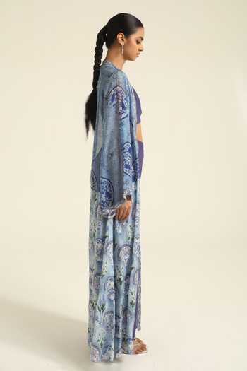 Poonam Dubey_Blue Organza, Georgette Open Neck, Dakshi Floral Print Jacket Pant Set _Online_at_Aza_Fashions