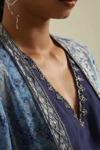 Shop_Poonam Dubey_Blue Organza, Georgette Open Neck, Dakshi Floral Print Jacket Pant Set _Online_at_Aza_Fashions