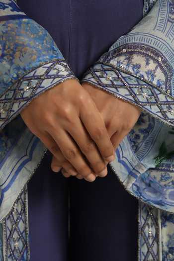 Poonam Dubey_Blue Organza, Georgette Open Neck, Dakshi Floral Print Jacket Pant Set _at_Aza_Fashions