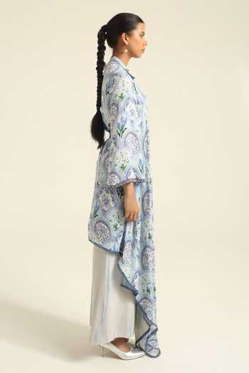 Poonam Dubey_Blue Georgette V-neck, Yes Inara Asymmetric Tunic And Pant Set _Online_at_Aza_Fashions