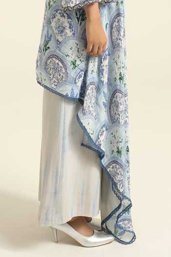 Buy_Poonam Dubey_Blue Georgette V-neck, Yes Inara Asymmetric Tunic And Pant Set _Online_at_Aza_Fashions