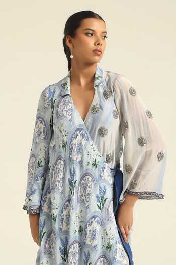 Shop_Poonam Dubey_Blue Georgette V-neck, Yes Inara Asymmetric Tunic And Pant Set _Online_at_Aza_Fashions