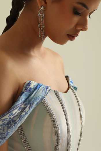 Buy_Poonam Dubey_Blue Georgette Sweetheart Neck Emara Printed Pre-draped Saree With Blouse _Online_at_Aza_Fashions