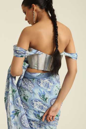 Shop_Poonam Dubey_Blue Georgette Sweetheart Neck Emara Printed Pre-draped Saree With Blouse _Online_at_Aza_Fashions