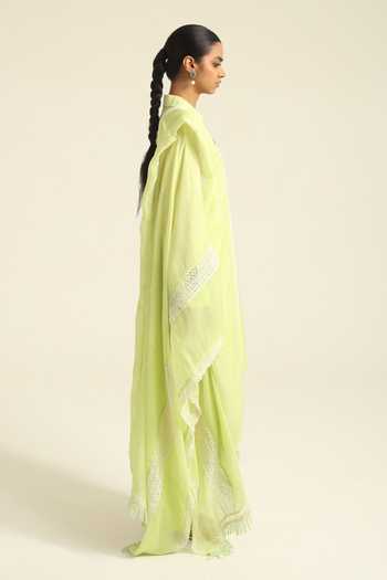 Poonam Dubey_Green Organza, Georgette, Chanderi Split Nurvi Placement Embroidered Kurta Set _Online_at_Aza_Fashions
