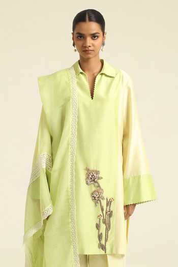 Shop_Poonam Dubey_Green Organza, Georgette, Chanderi Split Nurvi Placement Embroidered Kurta Set _Online_at_Aza_Fashions