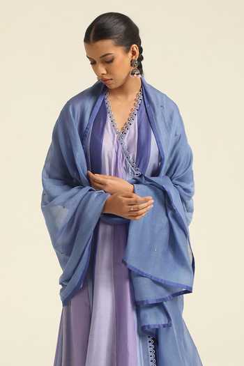 Poonam Dubey_Blue Chanderi V-neck Venya Embroidered Anarkali Pant Set _Online_at_Aza_Fashions