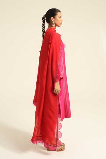 Poonam Dubey_Pink Organza, Chanderi Round Neck Ragini Embroidered Kurta Set _Online_at_Aza_Fashions