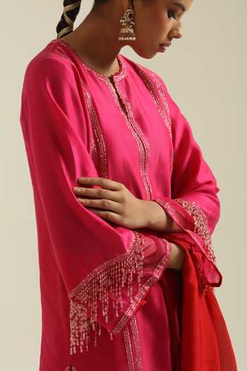Buy_Poonam Dubey_Pink Organza, Chanderi Round Neck Ragini Embroidered Kurta Set _Online_at_Aza_Fashions