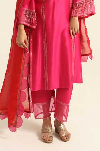 Shop_Poonam Dubey_Pink Organza, Chanderi Round Neck Ragini Embroidered Kurta Set _Online_at_Aza_Fashions
