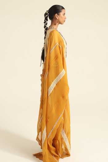 Poonam Dubey_Beige Organza, Georgette, Chanderi V-neck Soma Colorblock Kurta Pant Set _Online_at_Aza_Fashions