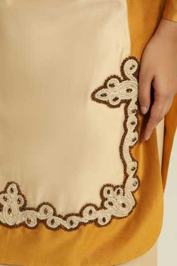 Buy_Poonam Dubey_Beige Organza, Georgette, Chanderi V-neck Soma Colorblock Kurta Pant Set 