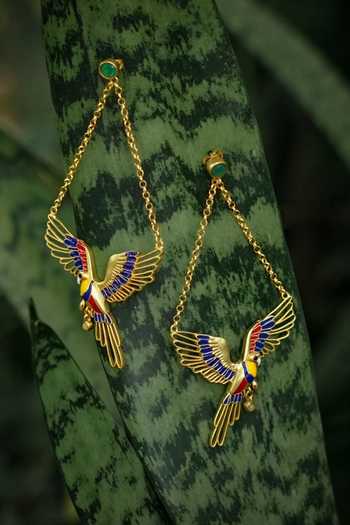 Totapari_Gold Plated Corbett Plum Head Parrot Dangler Earrings _at_Aza_Fashions