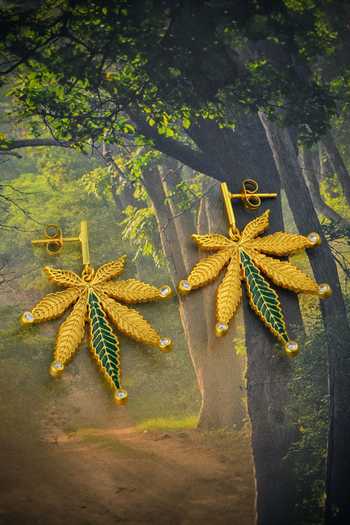 Totapari_Gold Plated Corbett Cannabis Addiction Stud Earrings _at_Aza_Fashions