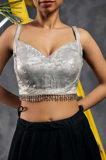Vandana Sethi Grey Velvet Sweetheart Neck Bead Embroidered Blouse at Aza Fashions Vandana Sethi_Grey Velvet Sweetheart Neck Bead Embroidered Blouse _at_Aza_Fashions