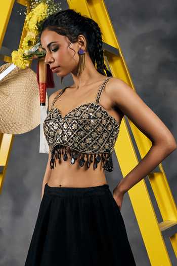 Shop_Vandana Sethi_Gold Satin V-neck V Blouse _Online_at_Aza_Fashions