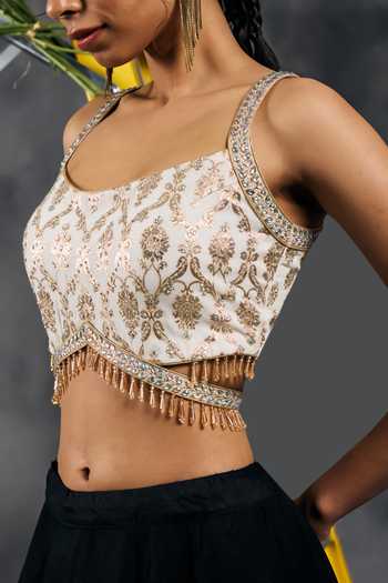 Vandana Sethi_Ivory Chanderi Sweetheart Neck Swarovski Embellished Blouse _at_Aza_Fashions