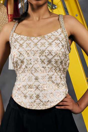 Shop_Vandana Sethi_Ivory Chanderi Scoop Neck Swarovski Embellished Blouse _Online_at_Aza_Fashions