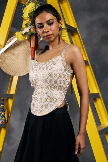 Vandana Sethi_Ivory Chanderi Scoop Neck Swarovski Embellished Blouse _at_Aza_Fashions