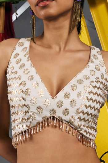 Shop_Vandana Sethi_Ivory Chanderi V-neck Zari Embellished Blouse _Online_at_Aza_Fashions