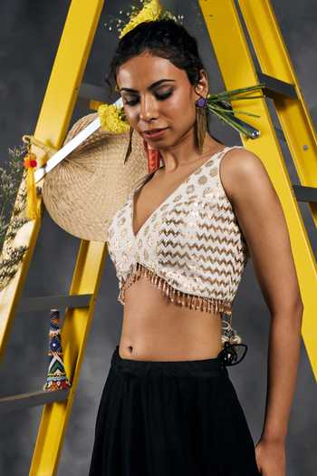 Vandana Sethi_Ivory Chanderi V-neck Zari Embellished Blouse _at_Aza_Fashions
