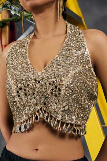 Vandana Sethi_Gold Organza Halter Neck Mirror Work Blouse _at_Aza_Fashions