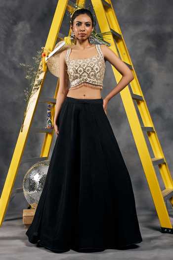 Buy_Vandana Sethi_Ivory Organza Square Neck Mirror Work Blouse _Online_at_Aza_Fashions