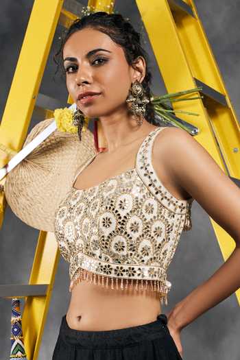 Shop_Vandana Sethi_Ivory Organza Square Neck Mirror Work Blouse _Online_at_Aza_Fashions