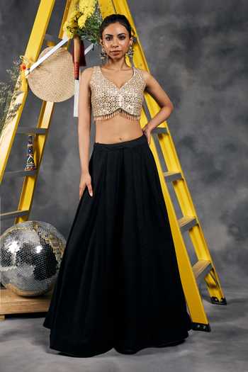 Buy_Vandana Sethi_Ivory Organza V-neck Mirror Work Blouse _Online_at_Aza_Fashions