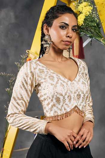 Shop_Vandana Sethi_Ivory Chanderi V-neck Zari Embellished Blouse _Online_at_Aza_Fashions