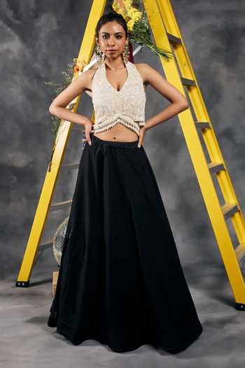 Buy_Vandana Sethi_Ivory Organza Halter Neck Pearl Work Blouse _Online_at_Aza_Fashions