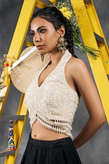Vandana Sethi Pearl Work Halter Neck Blouse