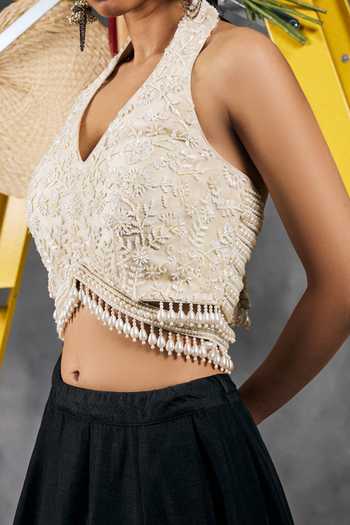 Shop_Vandana Sethi_Ivory Organza Halter Neck Pearl Work Blouse _Online_at_Aza_Fashions