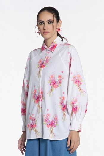 Siddhartha Bansal White Cotton Collared Neck Cosmic Meadow Bouquet Print Shirt at Aza Fashions Siddhartha Bansal_White Cotton Collared Neck Cosmic Meadow Bouquet Print Shirt _at_Aza_Fashions