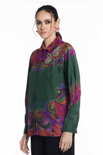 Shop Siddhartha Bansal Multi Color Silk Collared Neck Emerald Baroque Eden Shirt Online at Aza Fashions Shop_Siddhartha Bansal_Multi Color Silk Collared Neck Emerald Baroque Eden Shirt _Online_at_Aza_Fashions