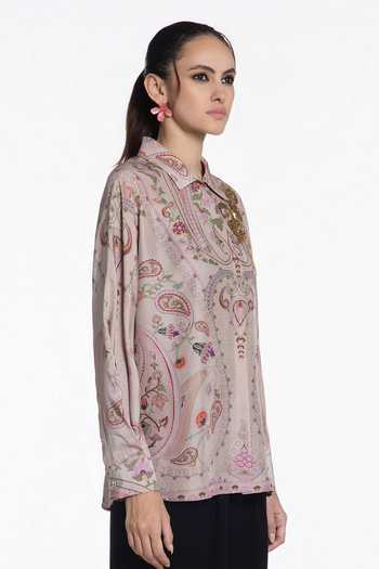 Siddhartha Bansal Multi Color Silk Collared Neck Ivory Baroque Crest Shirt Online at Aza Fashions Siddhartha Bansal_Multi Color Silk Collared Neck Ivory Baroque Crest Shirt _Online_at_Aza_Fashions