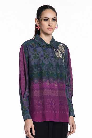 Siddhartha Bansal Multi Color Silk Collared Neck Amethyst Horizon Paisley Shirt Online at Aza Fashions Siddhartha Bansal_Multi Color Silk Collared Neck Amethyst Horizon Paisley Shirt _Online_at_Aza_Fashions